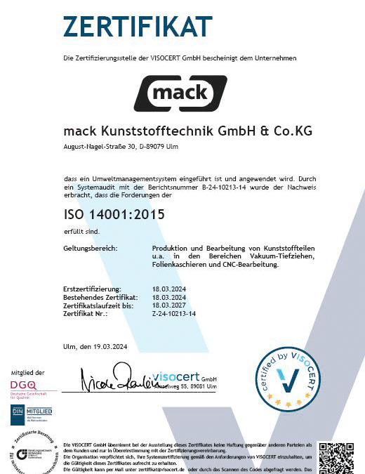 ISO 14001:2015 zertifiziert seit 2024